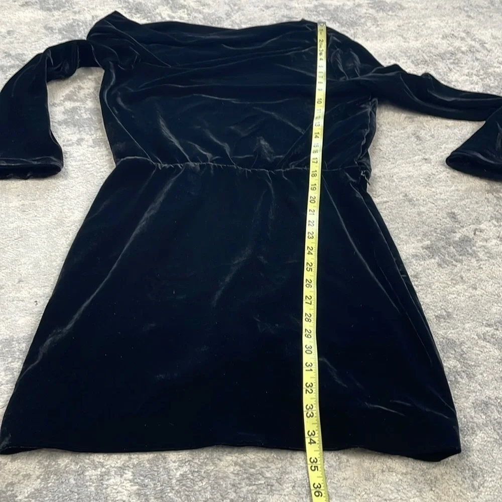 New Theory Asymmetrical Mini Dress in Stretch Velvet Black Off Shoulder Drape 8